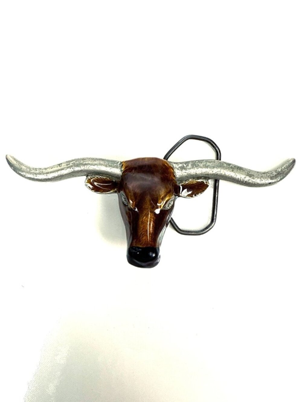 Vintage Enamel Longhorn Steer Bull Western Metallic Silver Brown Belt Buckle